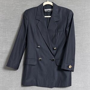 Vtg Ellen Tracy Blazer 6 Petite Navy Wool Linen Double Breasted‎ Jacket Nautical